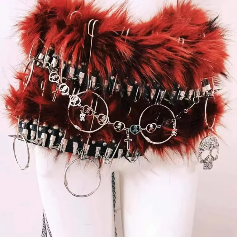 Gothic Design Punk Rock Collar Rivet Fur Women's Vest 2025 Autumn Winter New Sweet Cool Sexy Heavy Mini Short Skirt Set Ladies