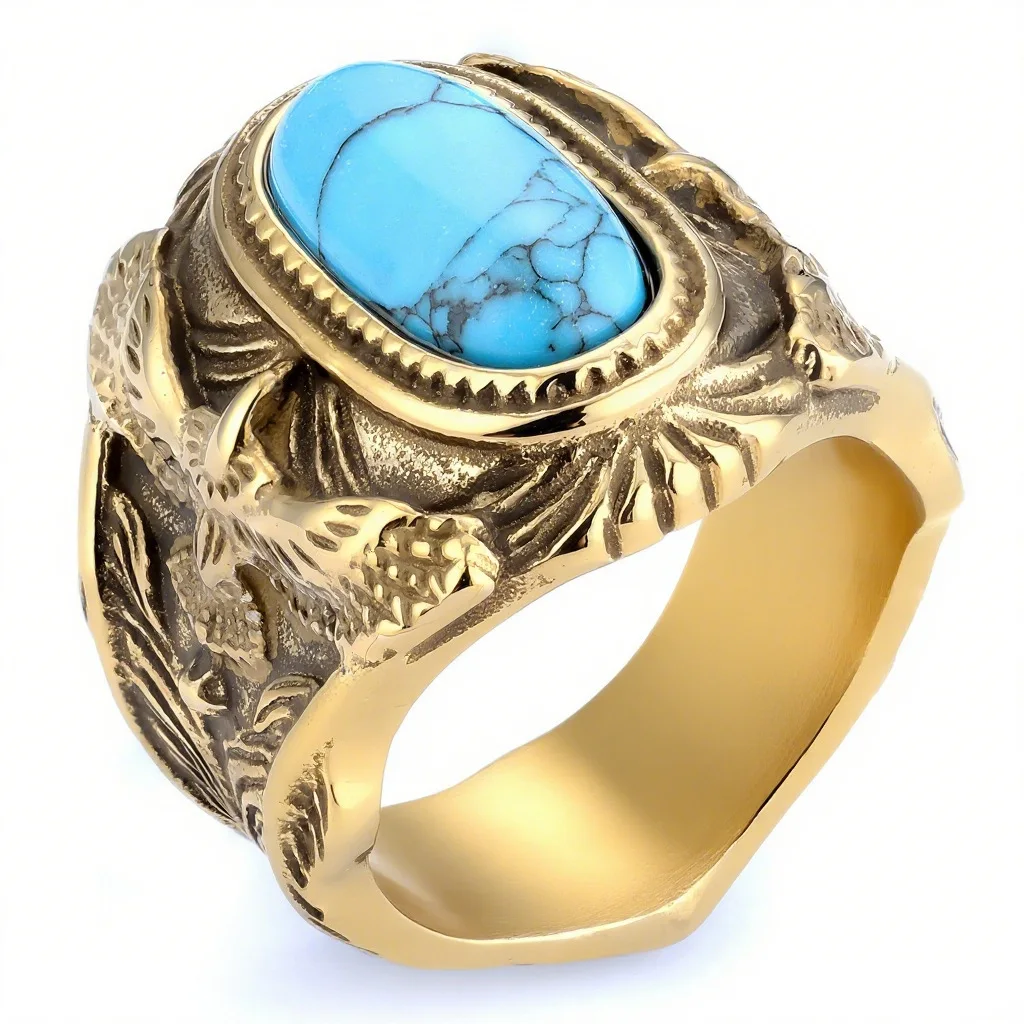 Retro 925 Silver Ring With Personalized Carved Pattern, Turquoise Ring, Eagle Blue Turquoise Men's Ring 5