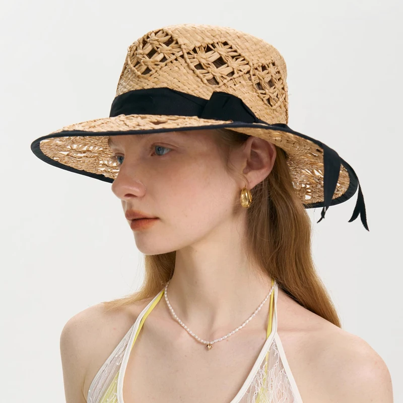 

Fashion Women Wide Brim Raffia Hat Women Vacation Beach Hats Flat Top Straw Hat Ladies UV Summer Sun Hat