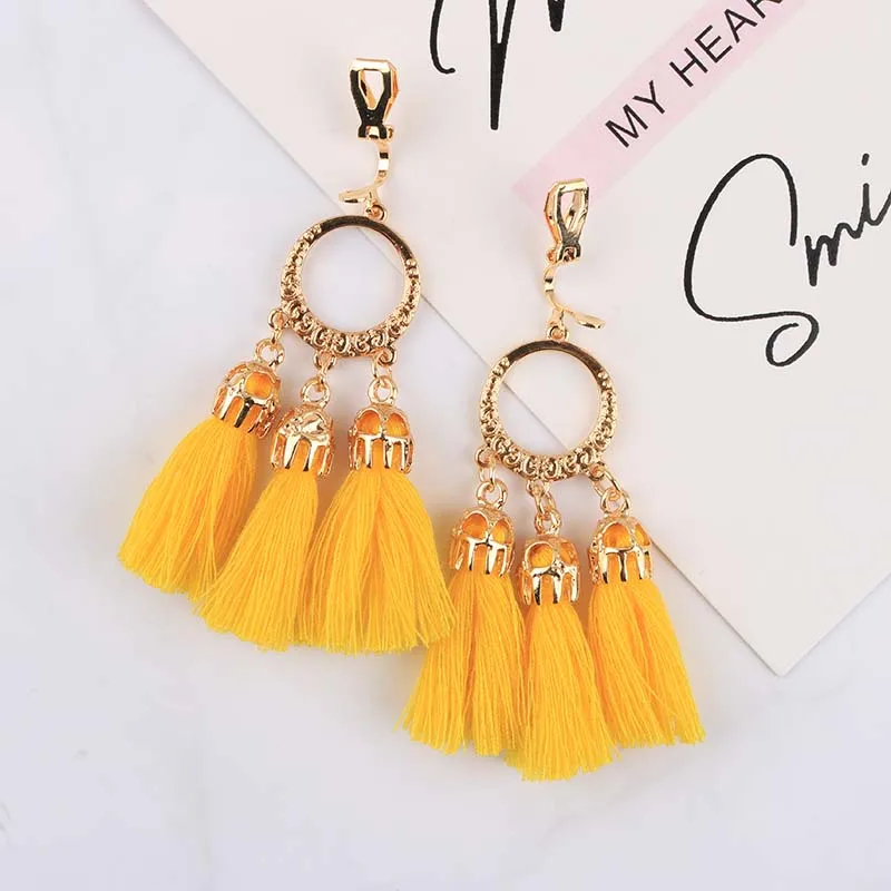 8 Color Trendy Bohemian Statement Tassel Clip On Earrings For Women Non Pierced Dangle Cotton Rope Fringe Clips Ear Jewelry Gift