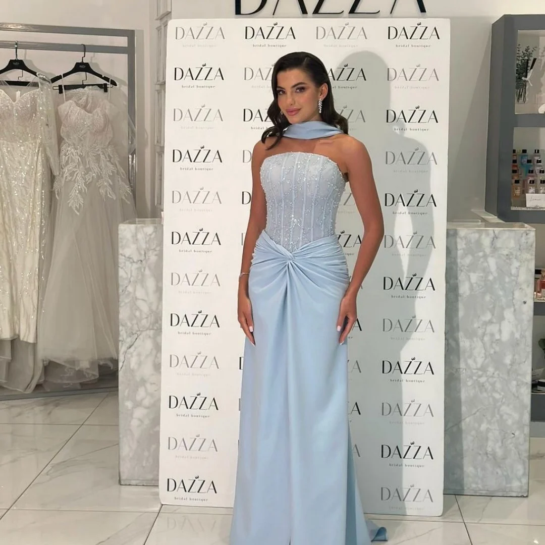 بيلا مخصص الأزرق الديكور الأوشحة الحريرية الطويلة الجلباب دي سهرة حورية البحر عارية الذراعين فساتين الحفلات الطابق طول ألف خط فستان الحفلة الراقصة