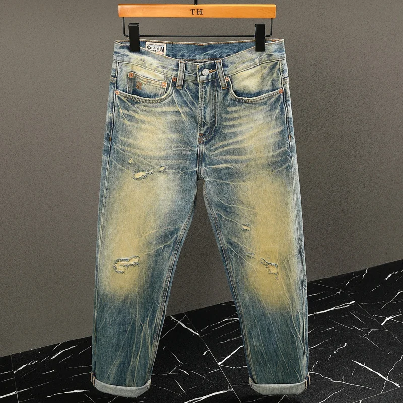 

Высококачественные мужские желтые грязевые джинсы в стиле ретро, осень-зима 2025 года, толстые свободные прямые брюки в уличном стиле с рваными нашивками