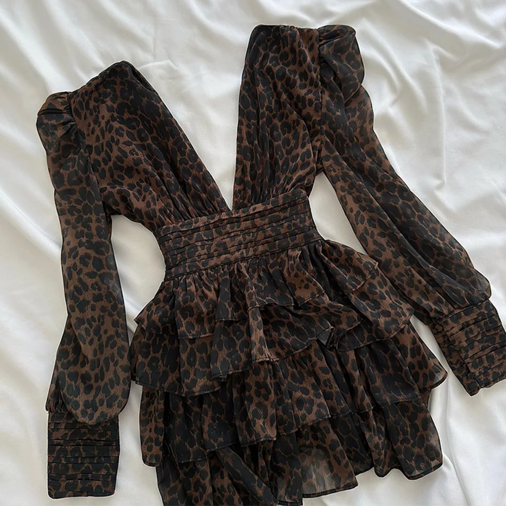 Mulheres europeu americano profundo decote em v emagrecimento moda leopardo impressão mini vestido 2025 novo verão em camadas sexy vestidos de festa femininos