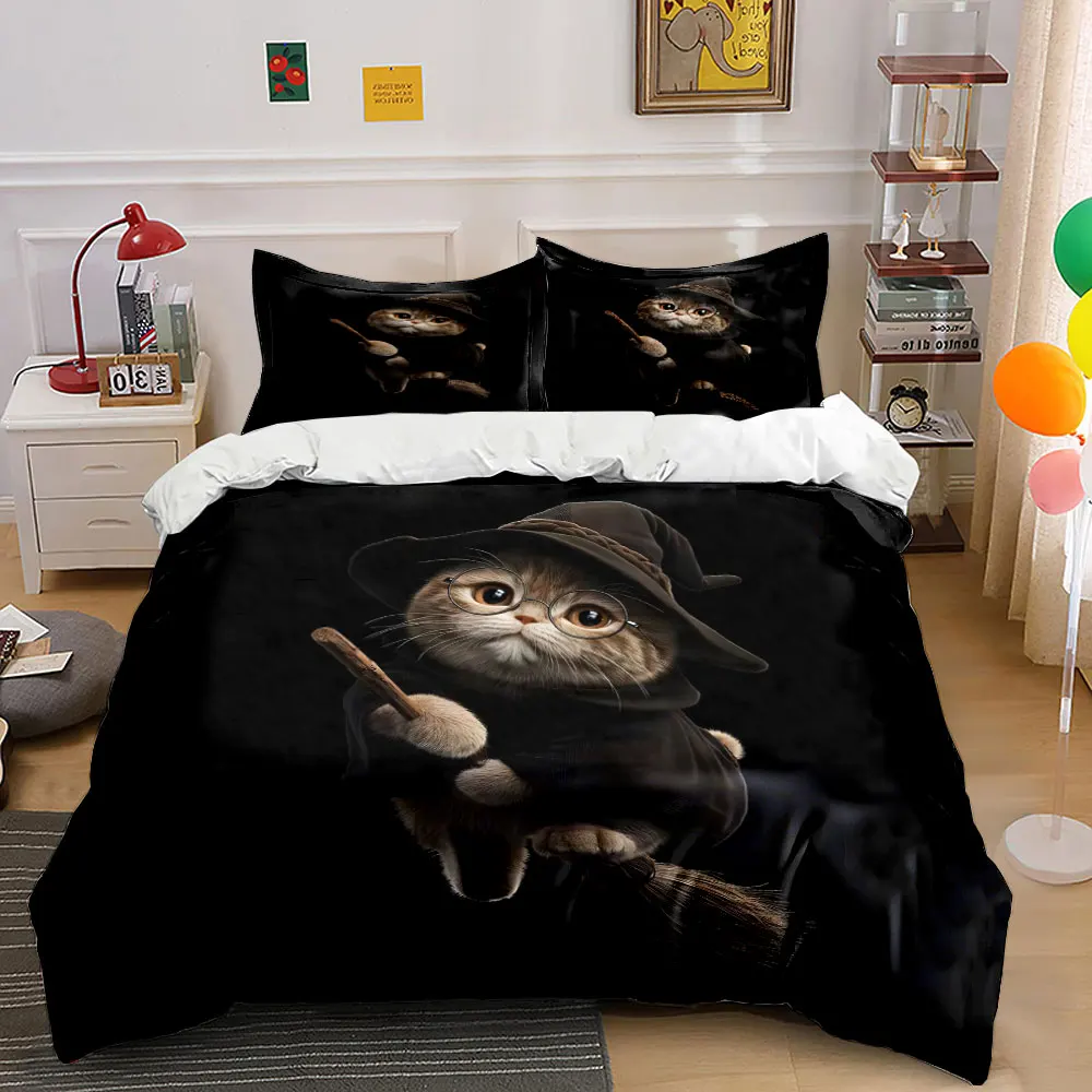 Flying cat in wizard outfit on broom Printed Duvet Cover Set 1 Duvet Cover+2 Pillowcase Multi Size Bedroom Bedding Decoration