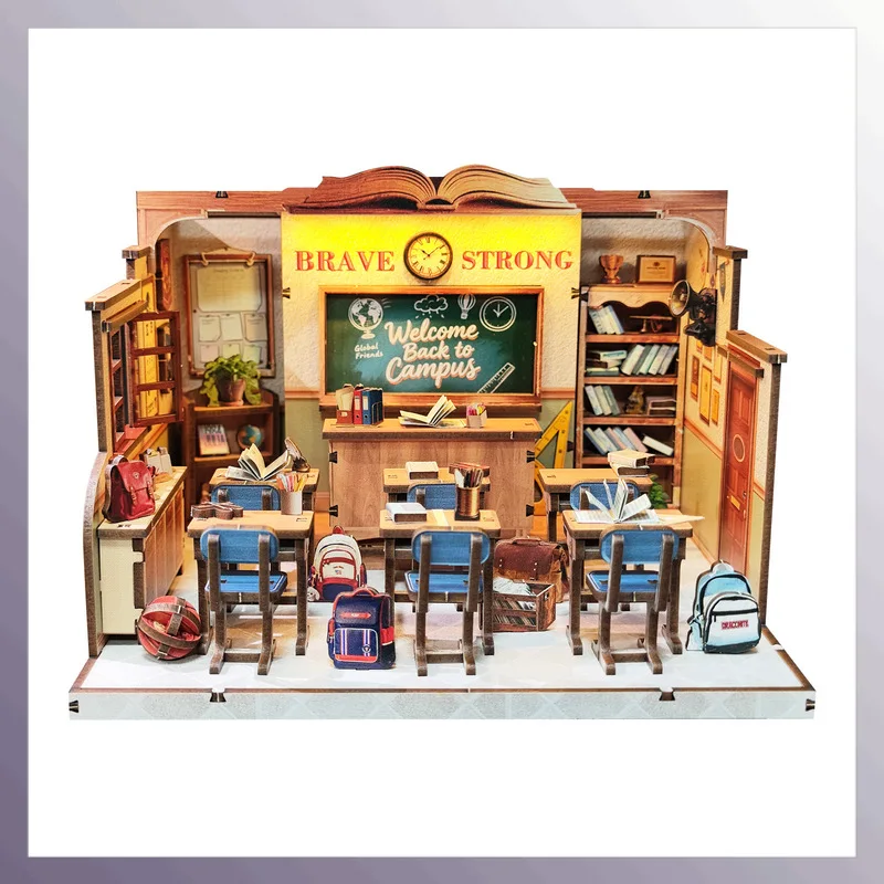 Diy Wooden The Classroom Casa Miniature Model Kits Student Days Dollhouse With Furniture 3D Puzzle For Friends Birthday Gifts