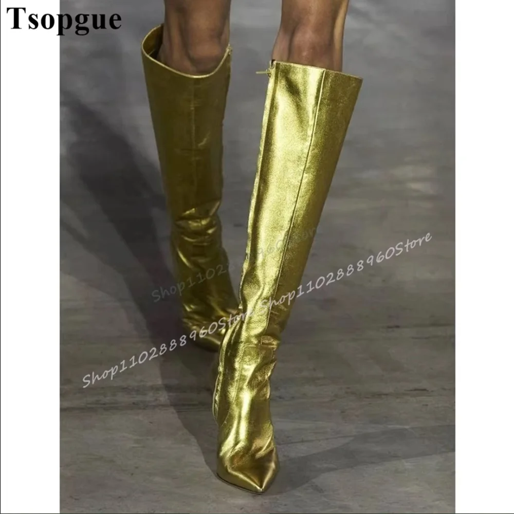 

Knee High Gold Metallic Pointy Boots Thin High Heel Shoes For Women Side Zipper Pointed Toe Luxury Banquet Runway Women Boots