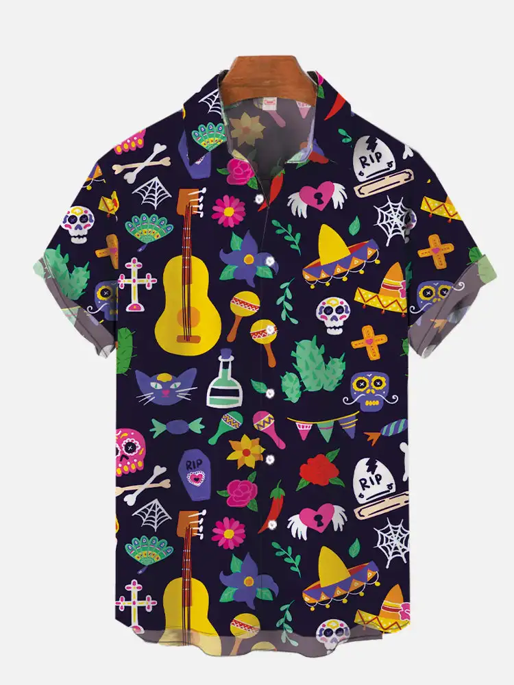 

2026 Men's Fashion Hawaiian Shirt Mexican Style Colorful Graffiti Art Printed Short Sleeve Shirt Simple Design Harajuku Clothing