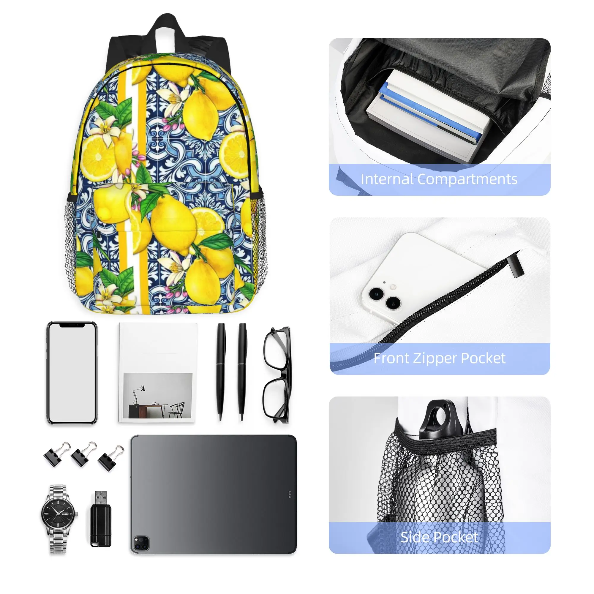 Lemon Sorrento style tile pillow Backpack Hot Sale Daypack Large Capacity Boy Girl BookBag Shoulder Bag for Men Women School Bag