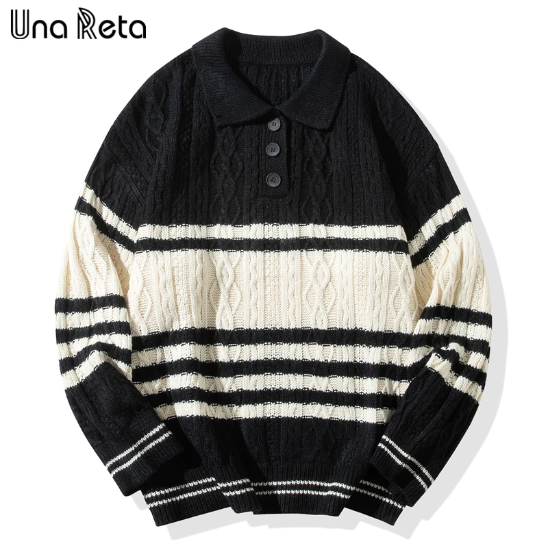 

Una Reta Turn Down Collar Unisex Sweater Autumn Winter Streetwear New Hip Hop Knitwears Twist Stripe Pullover Men's Sweaters