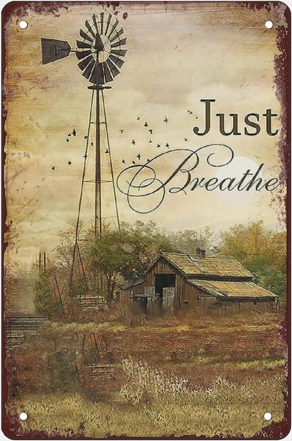 Funny Metal Tin Sign Farmhouse Barn Wall Art Vintage Windmill Wall Decor Old Barn Pictures Prints Just Breathe Painting Cou sign