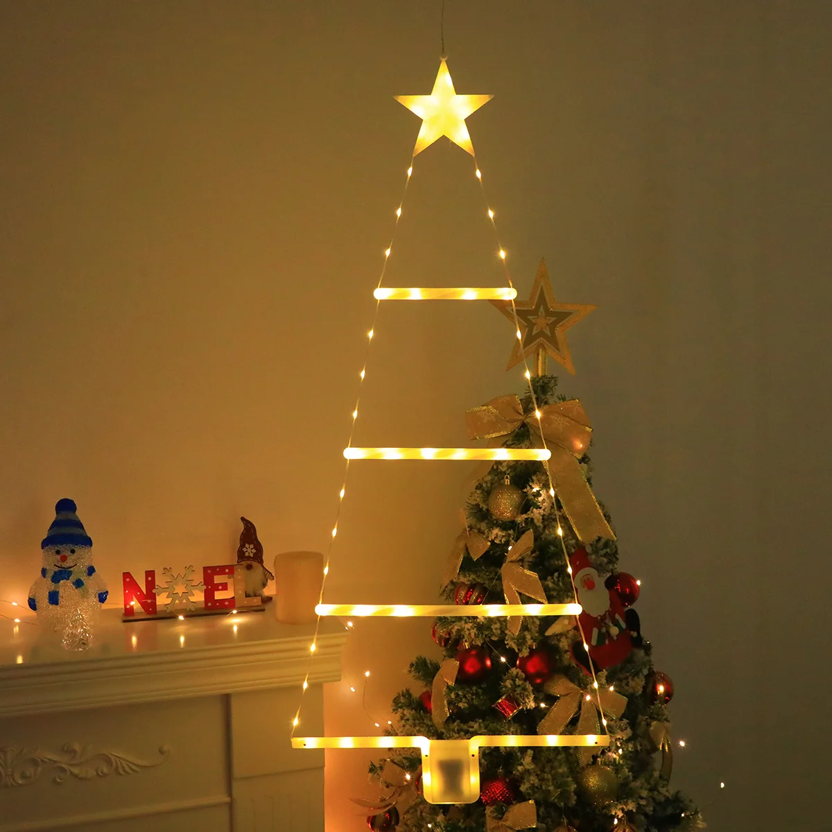 Christmas Tree Silhouette Hanging LED Fairy Lights with Star Topper, Battery Box, Batteries Not Included, Bedroom Holiday Decor