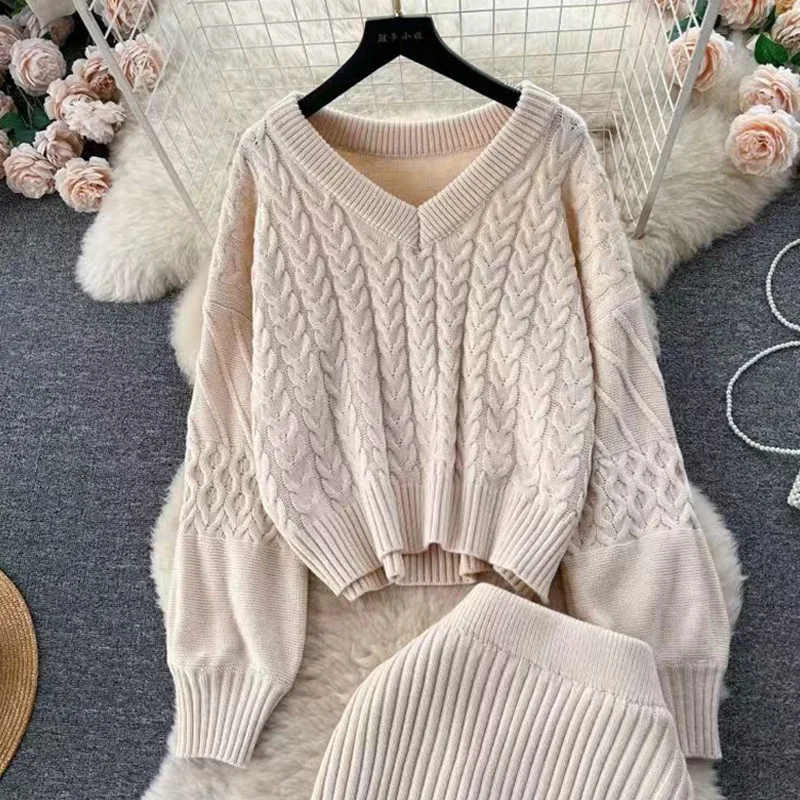 투피스 케이블 니트 드레스 세트 여성용 매칭 세트 솔리드 V넥 풀오버 발목 길이 엘라스틱 웨이스트 스커트 2025 가을 겨울