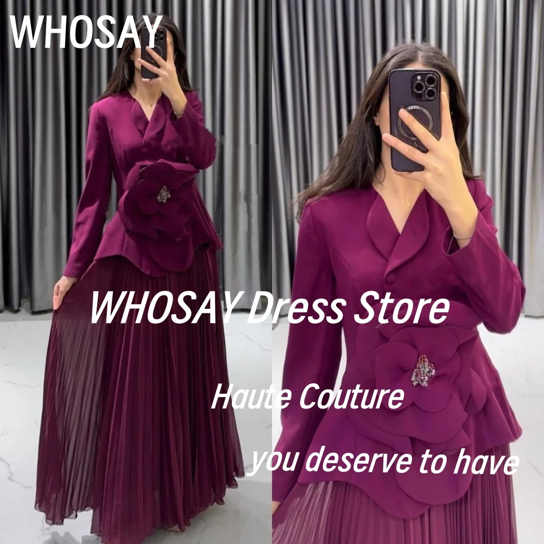 

WHOSAY Вечерние платья из двух частей с большим цветком и длинными рукавами, платье для выпускного вечера, шифоновые платья со складками по индивидуальному заказу, свадебные платья