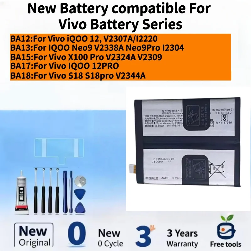 New Battery compatible For Vivo iQOO 12/ IQOO Neo9/ Neo 9 Pro/X100 Pro/IQOO 12PRO/S18 S18pro Mobile Phone Batteries+Free Tools