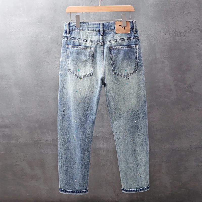 

Spring Summer New American Style Trendy Cool Ink Splash Jeans Men Loose Straight Trendy Long Pants Wide Leg Pants