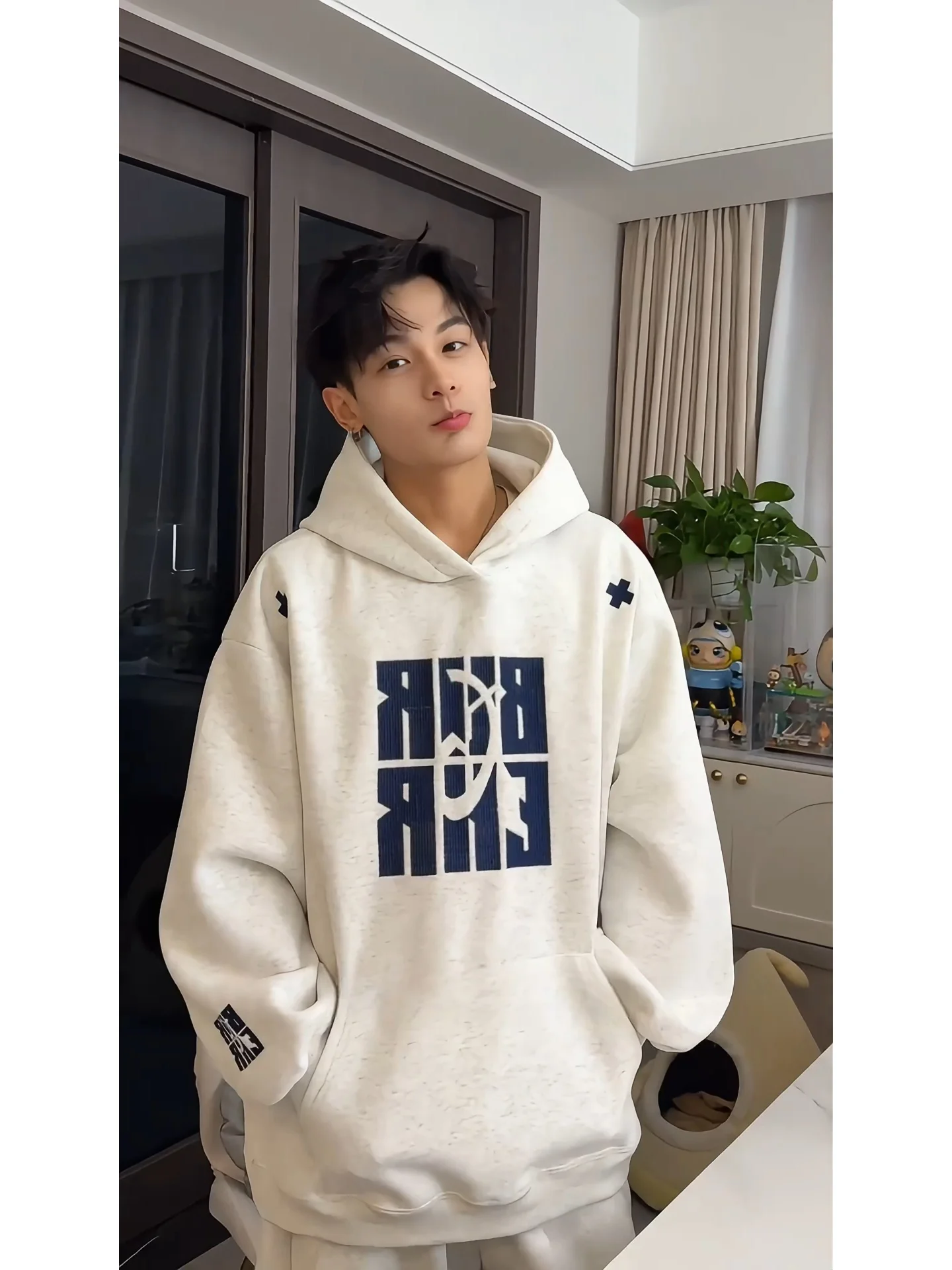 

Hooded Sweatirt Men's Fce Lined Embroidered White ey Lettering Autumn Winter Casual Loose Couple Outerwear