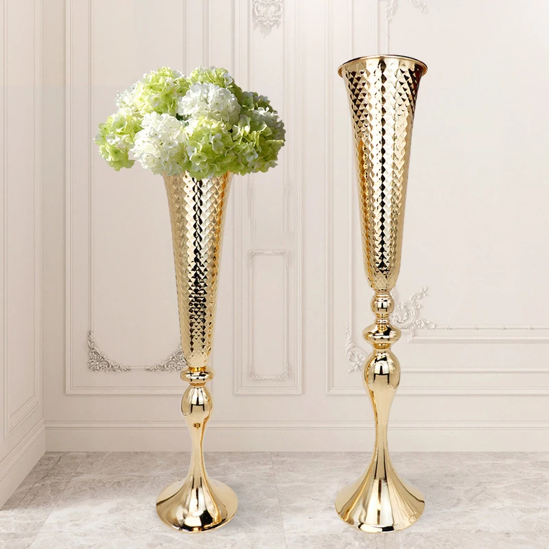 PEANDIM Gold Horn Flowers Vase Wedding Table Centerpieces Party Event Road Lead Metal Vases Flower Holder Decoration 10PCS / lot