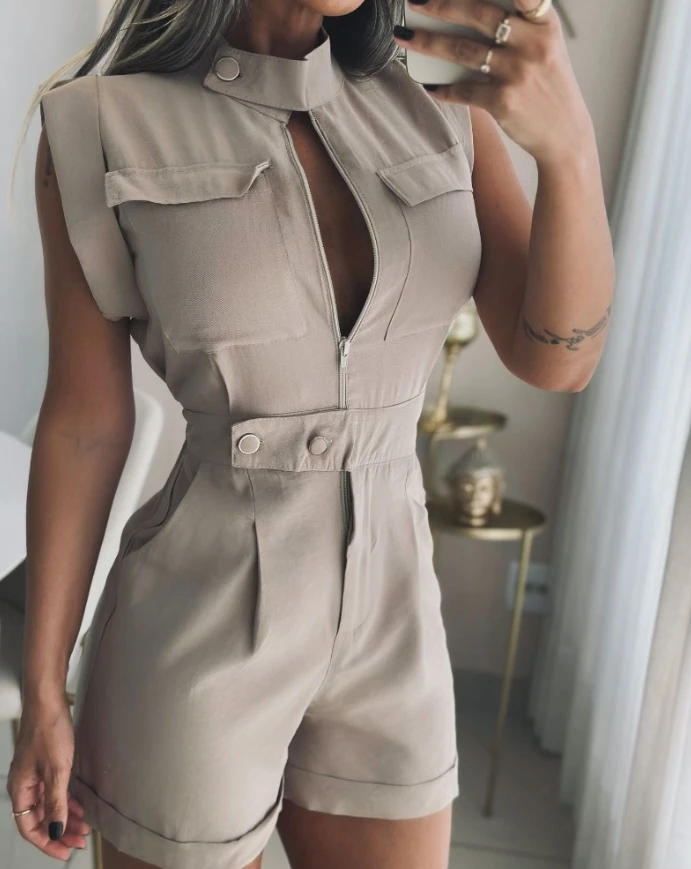 

sexy elegant Round Neck Sleeveless Ruched Romper Zipper Pocket Design Jumpsuit new fashion 2025 casual one pieces