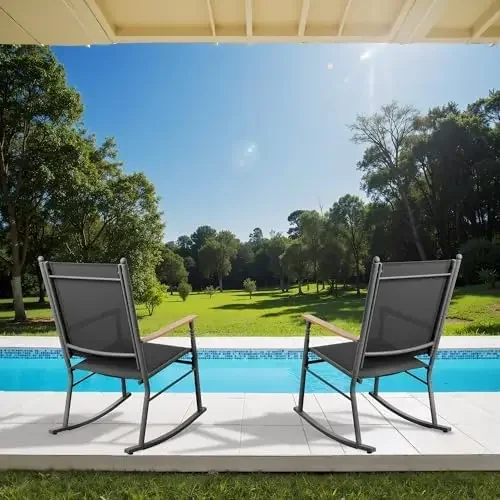 4 PCS Balcony Chair Patio Furniture Set, Bistro Outdoor Rocking Chair Set with Wooden Armrest and Textilene Surface