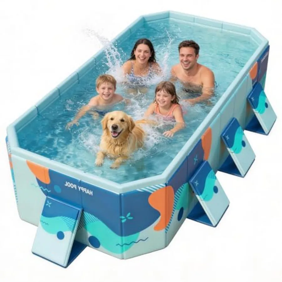 

Backyard family swimming pool for kids and dogs: hard plastic, blue, large foldable square design with reinforced sidewalls and