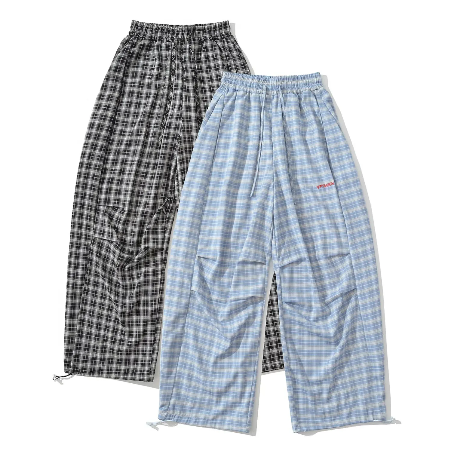 

American Street Style Loose Checkered Pocket Drawstring Scythe Pants Sweet Popular Casual Trousers Wide Leg Pants