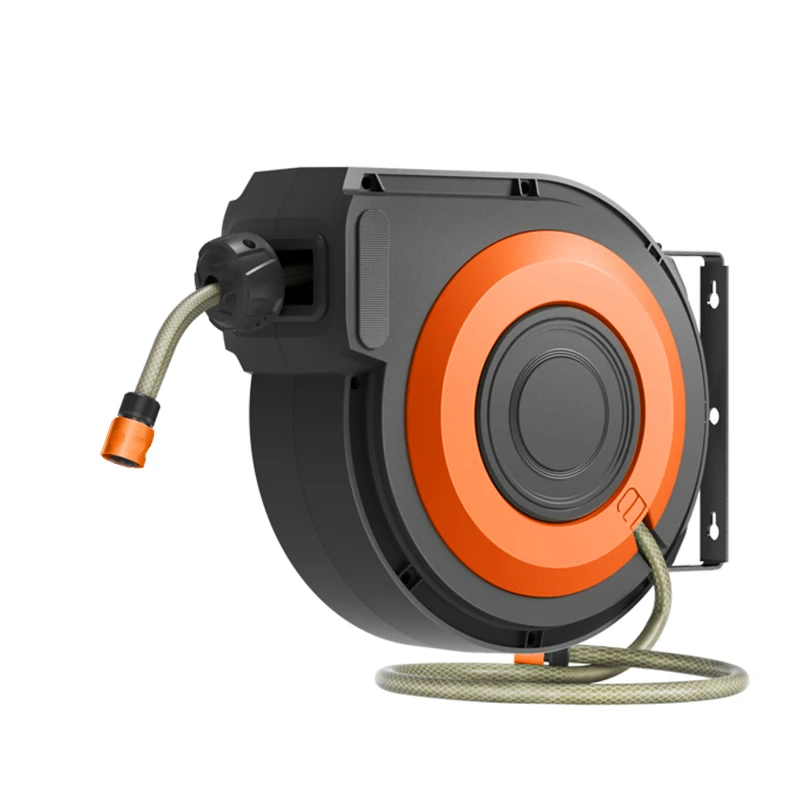 High Pressure 1/2inch 30m 100ft Tangerine Wall Mounted Automatic Rewindable Abs Garden Hose Reel with Slow Return System