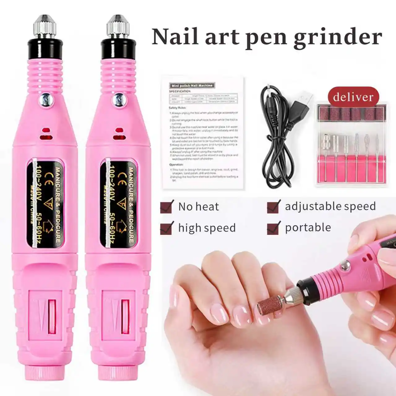 

Розовая портативная электрическая ручка для маникюра, профессиональный набор для маникюра, подходит для инструментов для улучшения состояния ногтей со сменной насадкой.