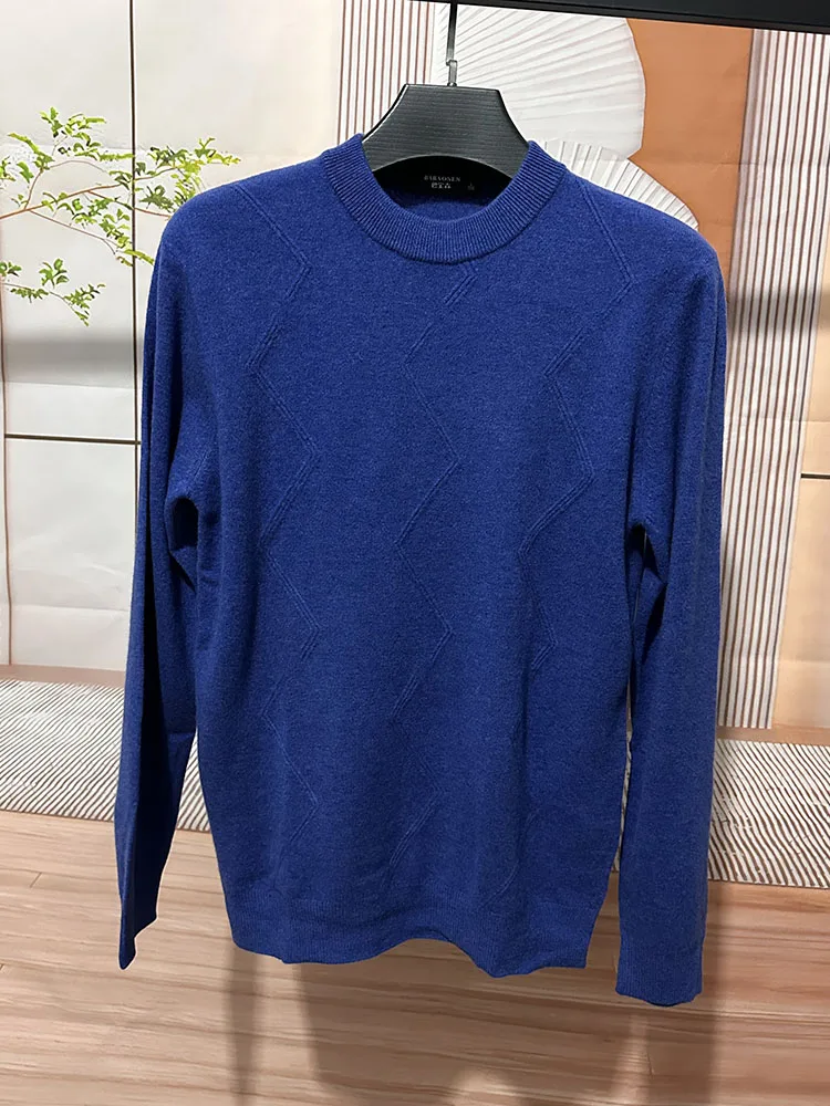 

Blue round Ne Knitted Wool Sweater Men's Long Sve Casual Color Base irt Warm Breathable Comfortable Mid-Aged Sui...