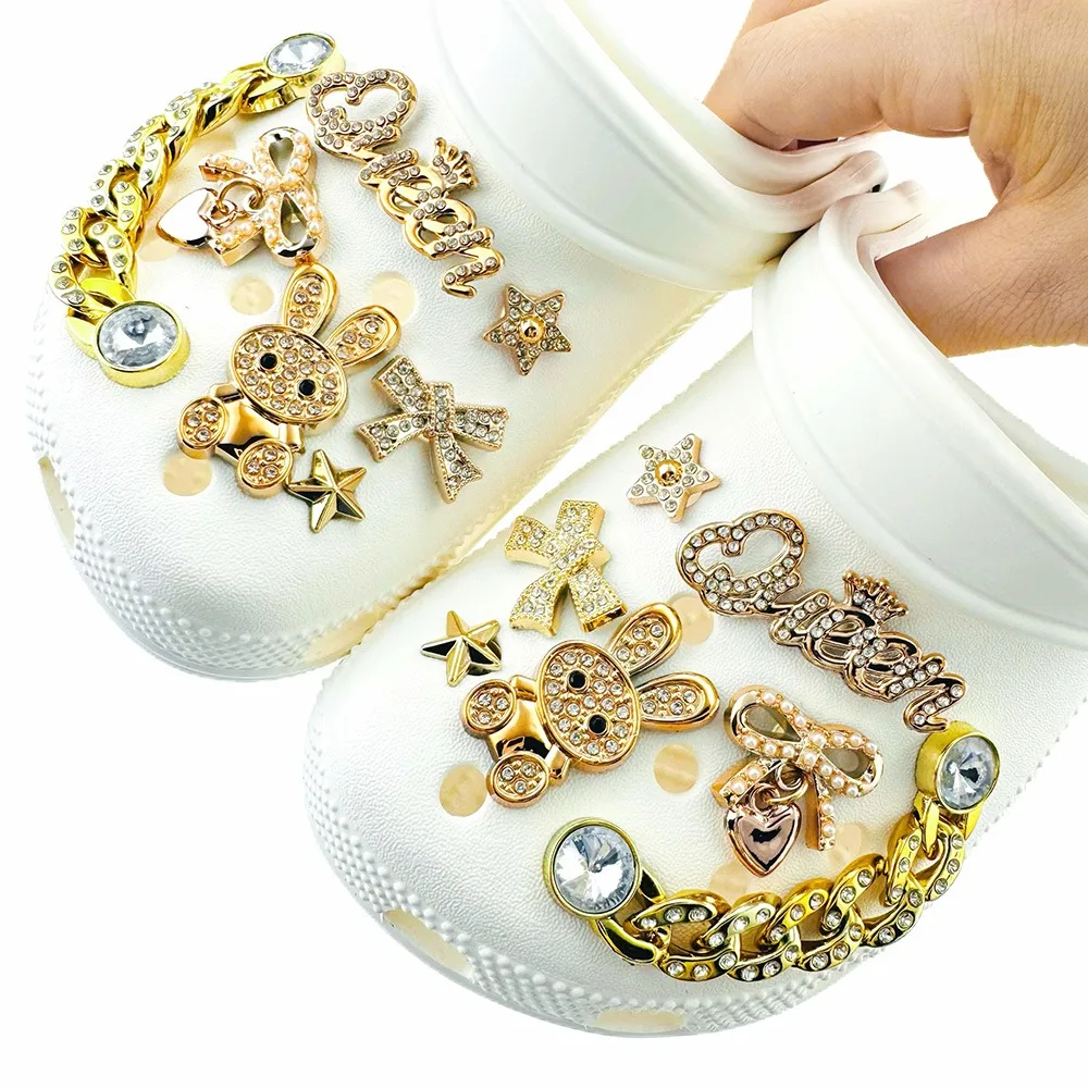 14PCS Shoe Charms Set Accessories for Sandals Clogs Shoe Buckle Golden Rabbit Bow Diamond Chain DIY Shoes Decorations Gift