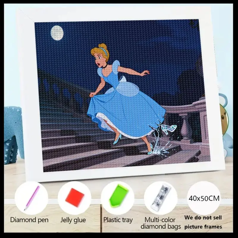 

1PC Sparkling Cinderella Diamond Painting Kit, 5D DIY Full Drill Round Diamond Art, Princess Losing Glass Slipper Rhinestone Emb