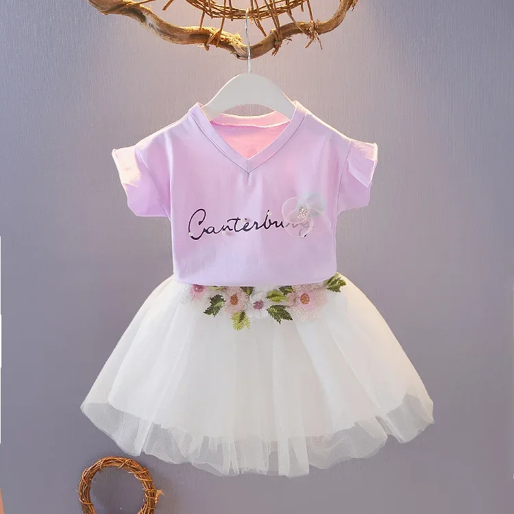 Children's Clothing Sets Monogram Print Short Sleeve Top + Floral Embroidery Skirt 2pcs Toddler Girl Clothes Outfit Sets