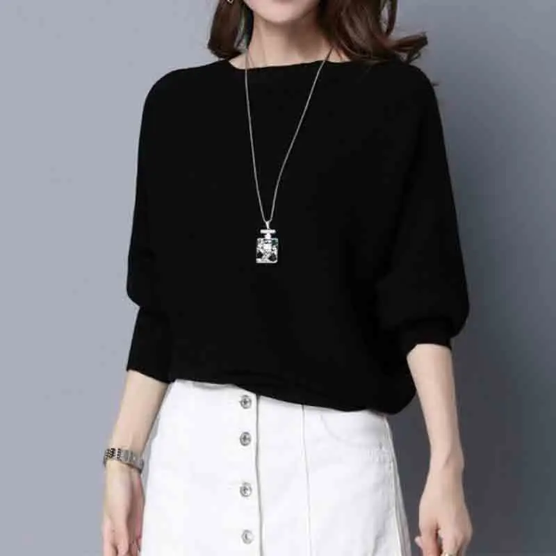 Fashion Women Clothing Contrast Bat Long Sleeve Sweater Spring Autumn New Korean Loose Versatile Casual Knitted Pullovers Tops