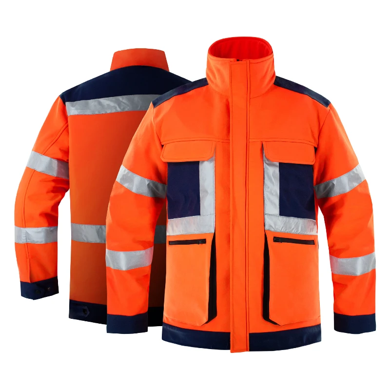 Reflective Mens Workwear Thicken Waterproof Multiple Pockets Orange Work Sets Color Block Stand Collar Jacket+cargo Pants 2-pcs