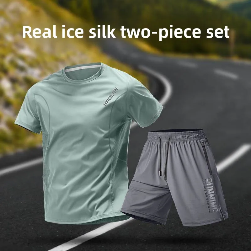 

Спортивный комплект из ледяного шелка, мужской летний свободный комплект для бега Qui Dry ort Sve, футболка для тренировок, один цельный комплект, повседневный спортивный...