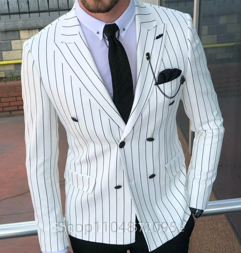 

White Striped Men's Blazer Double Breasted Peak Lapel Striped Suit Jacket Casual Slim Fit Wedding Jacket Business One Coat