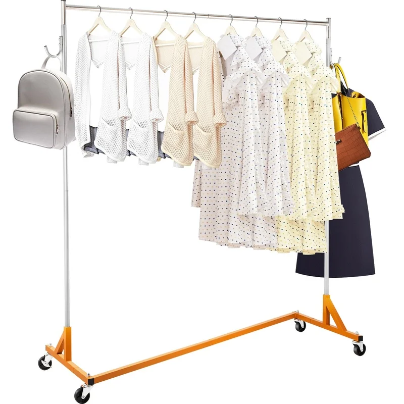 

Adjustable Rolling Garment Rack, Industrial Steel Z-Base with Lockable Casters, Orange, for Home or Commercial Use
