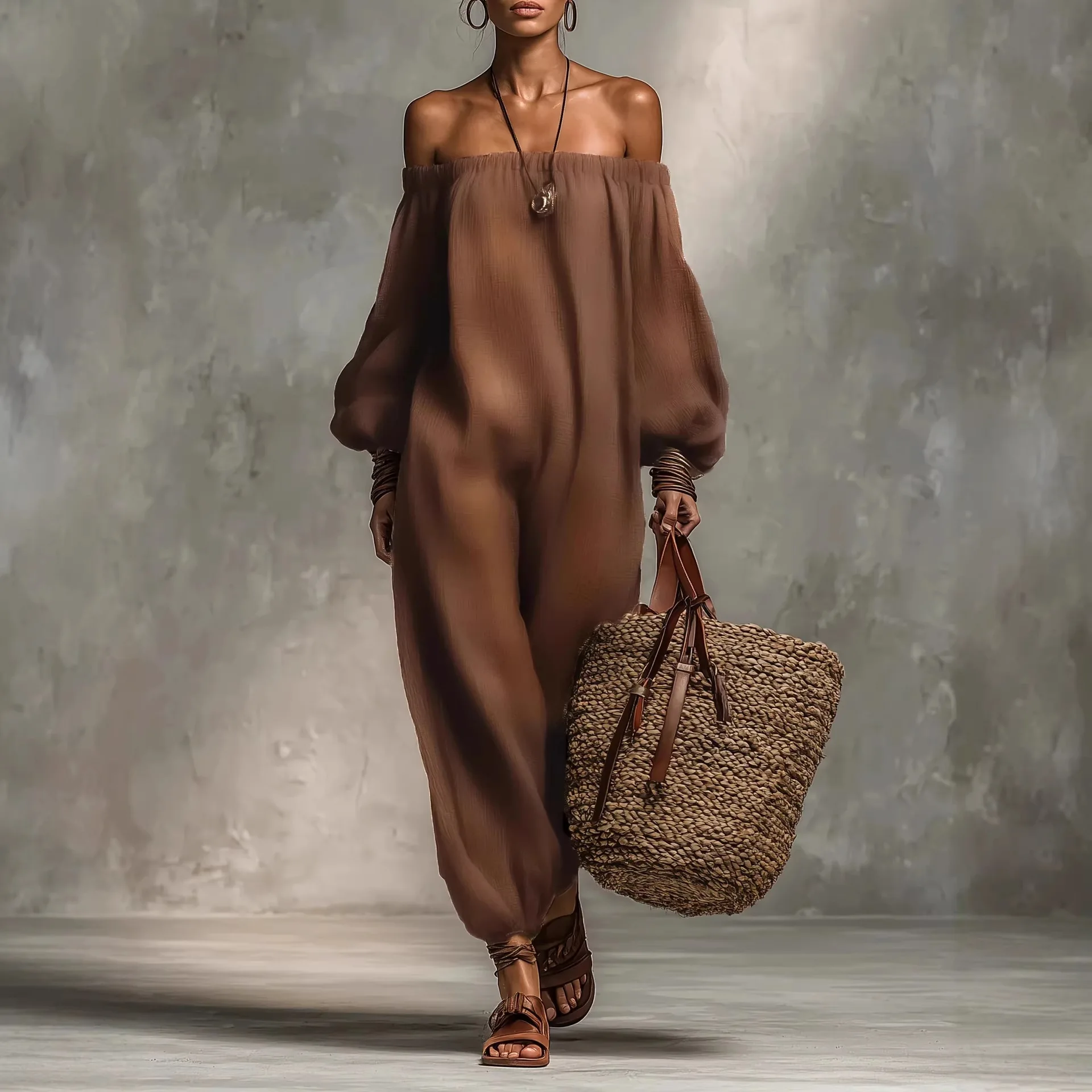 

2026 Spring Summer New Casual Solid Color Long Sleeve Off Shoulder Loose Draping Wide Leg Jumpsuit Long Pants