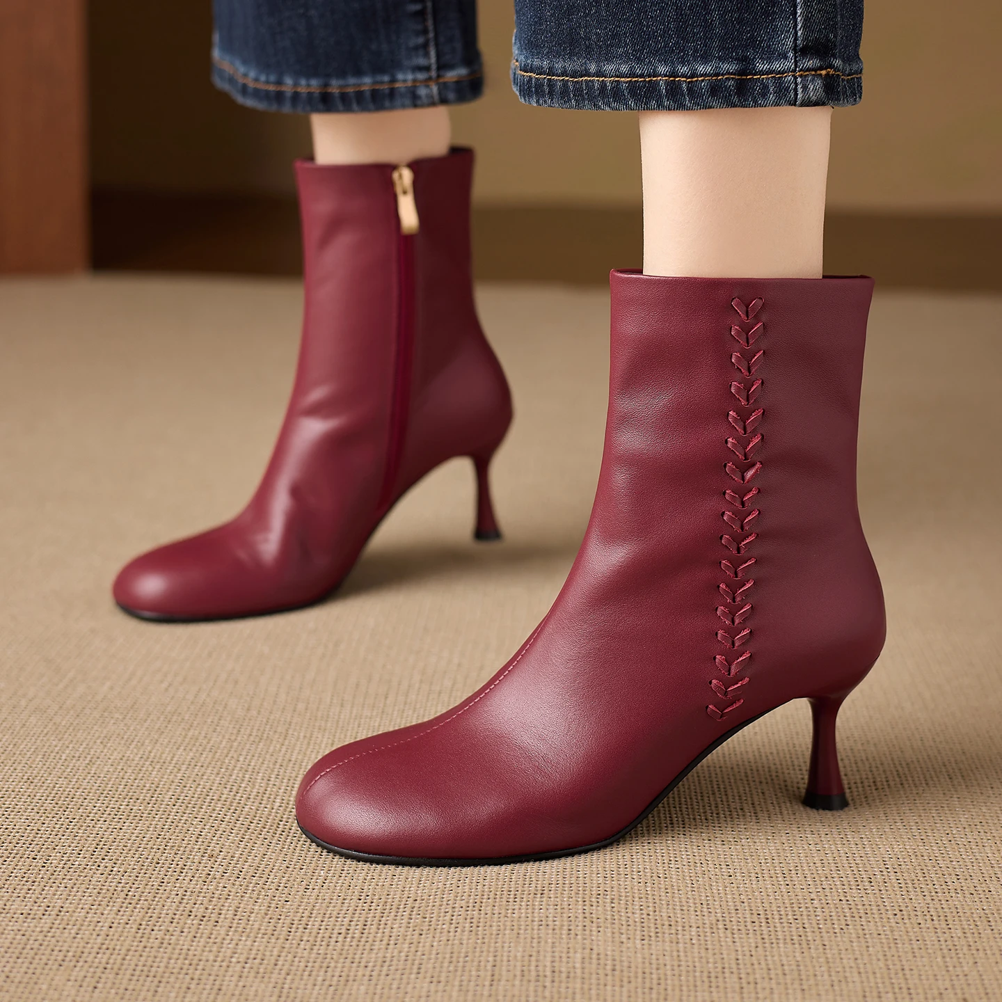 New 2027 Genuine Leather Boots Women Round Toe Stiletto Heel Ankle Boots Black Red Autumn Winter Short Booties Size 34-43