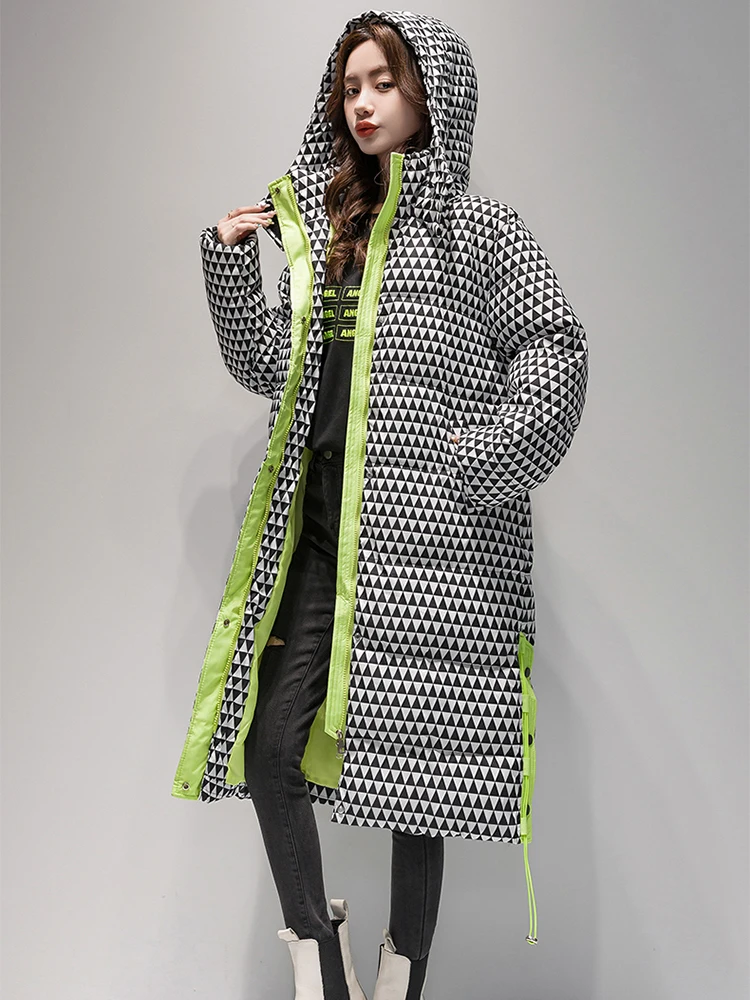 

Women's Plaid Long Hooded Puffer Jacket, Warm Parka, Thick Coat, Windproof Outwear, Female Fashion, Winter, 2025