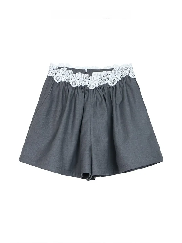 

Ele Lace Splicing Bloom Высокая талия Широкие орты для ног Оригинальный дизайн Весна Лето Полиэфирное волокно Универсальные женские орты