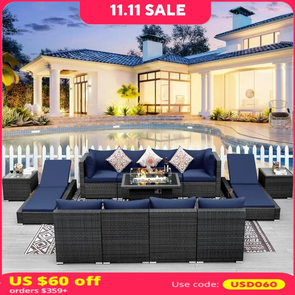 Wicker Patio Furniture Set Sectional High Back Large Size Sofa Sets with Propane Fire Pit Table 55000 BTU Balcony Rattan Lounge