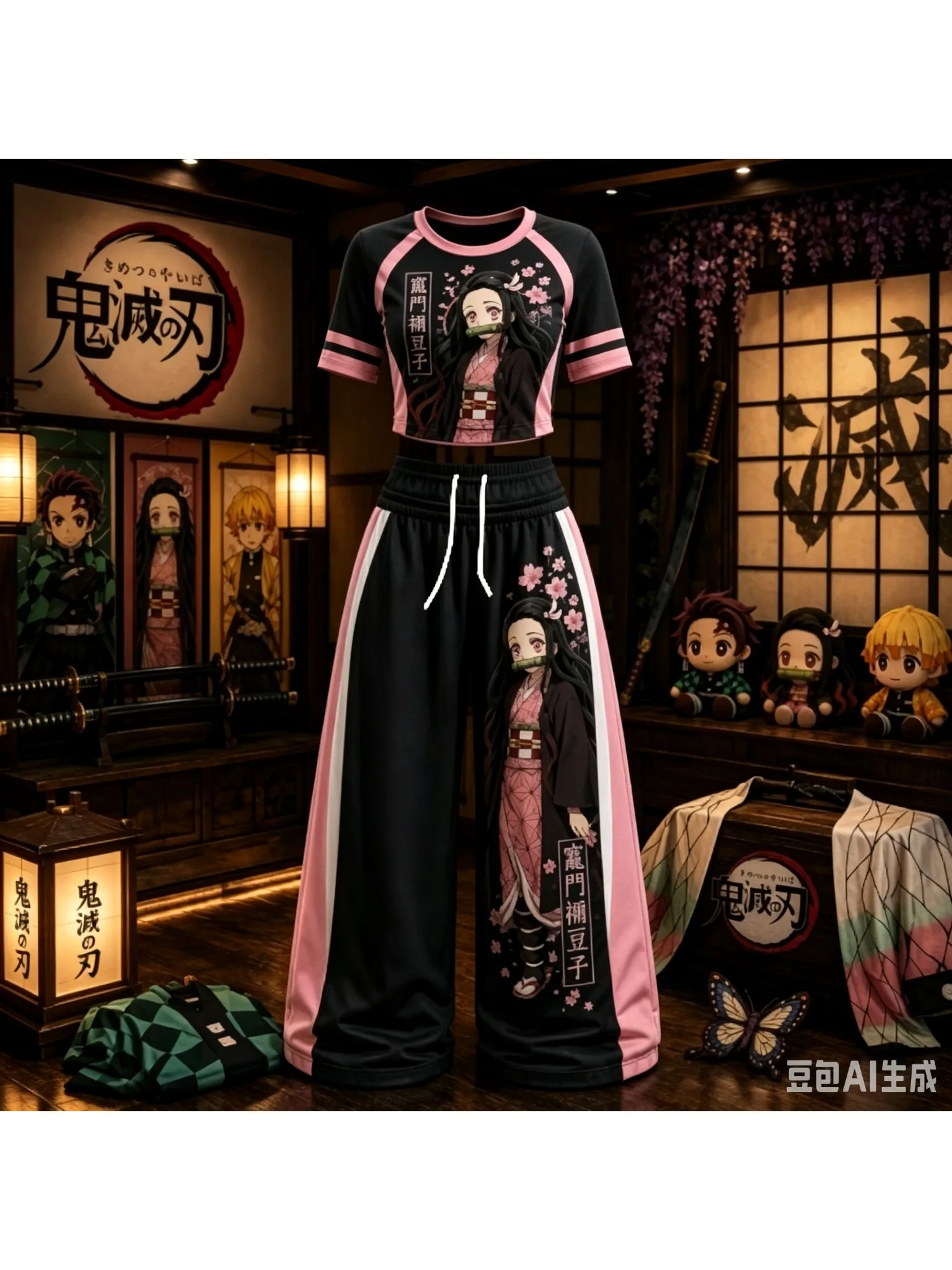 Demon Slayer Herbst-Print 2-teiliges Outfit Y2K Streetwear T-Shirt + Hose mit weitem Bein Set Lässige Sportbekleidung Trainingsanzug für Erwachsene und Kinder – Detail 6