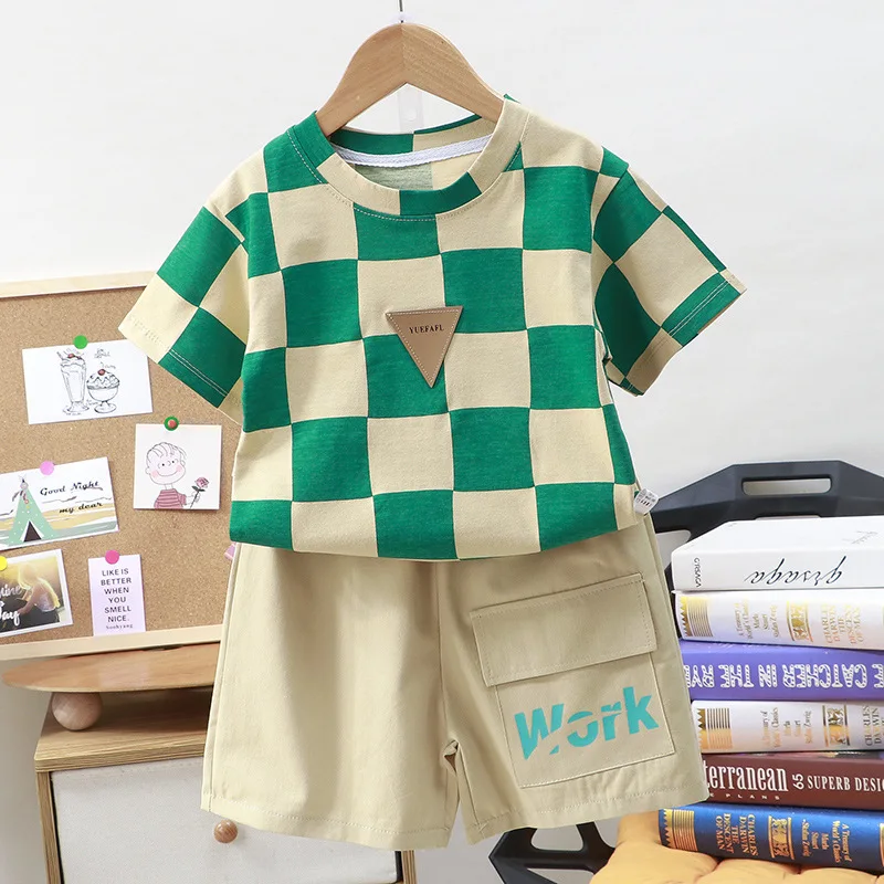 Kids Cotton Clothes Boys & Girls Summer Color Block T-Shirt & Letter Shorts 2 Pieces Set Teenage Boy Plaid Tracksuit with Pocket