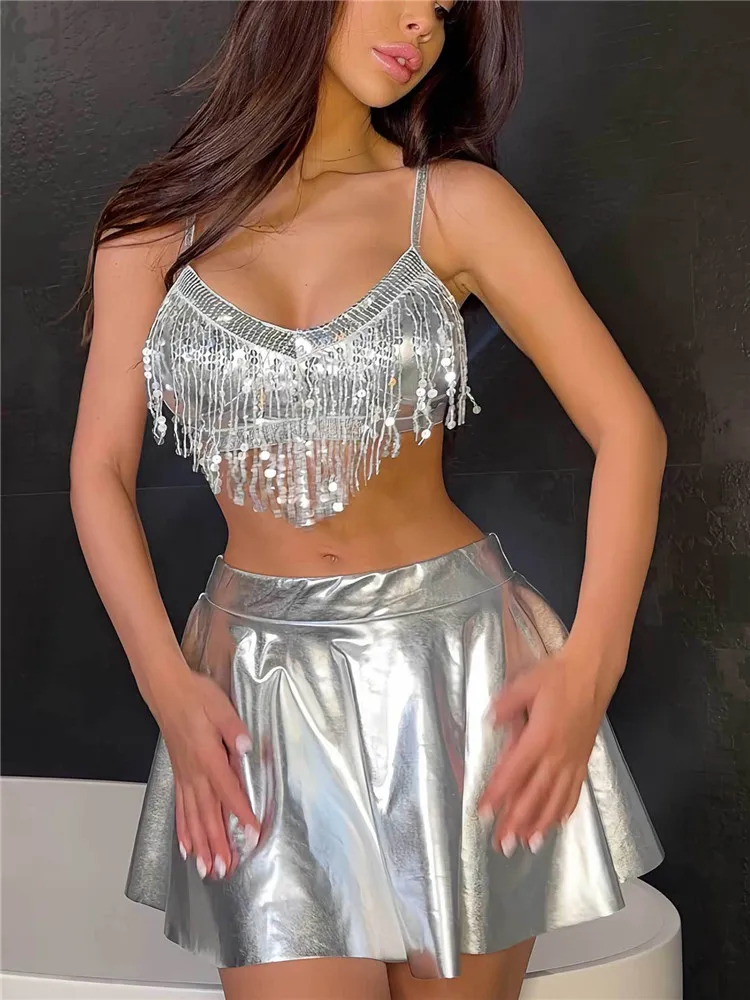 

Black Red Gold Silver Pop Music Festival Performance Clothing Sequined Tassel Dance Costume 2 Pieces Camis Tops Mini Skirt Sets