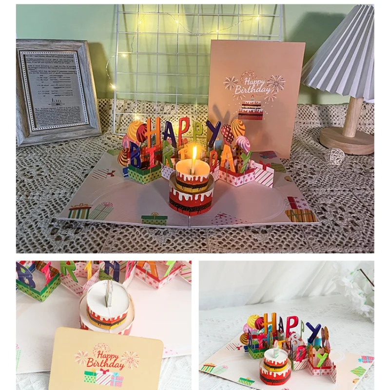 New Creative Greeting Card Chocolate Birthday Cake Blowing Candles Music Lights Ins Style Birthday Gift 3D Cake Pop Up Cards
