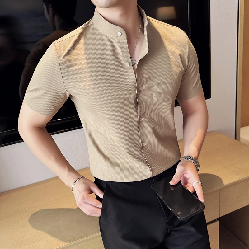 White Shirt For Men Summer New Chinese Stand Collar Designer Short Sleeve Male Shirt Cool Thin Waffle High Elastic Seamless Top