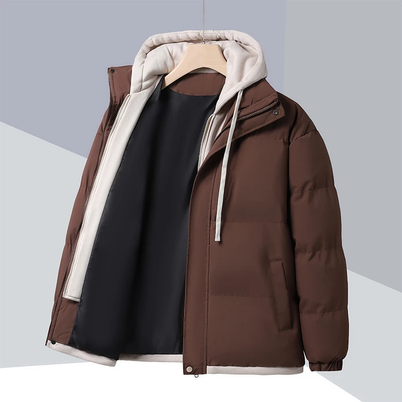 Patchwork Hooded Puffer Jackets Mens Thick Warm Winter Jacket Men Cotton Padded Windproof Parkas Fake Two Piece Coats Outwear