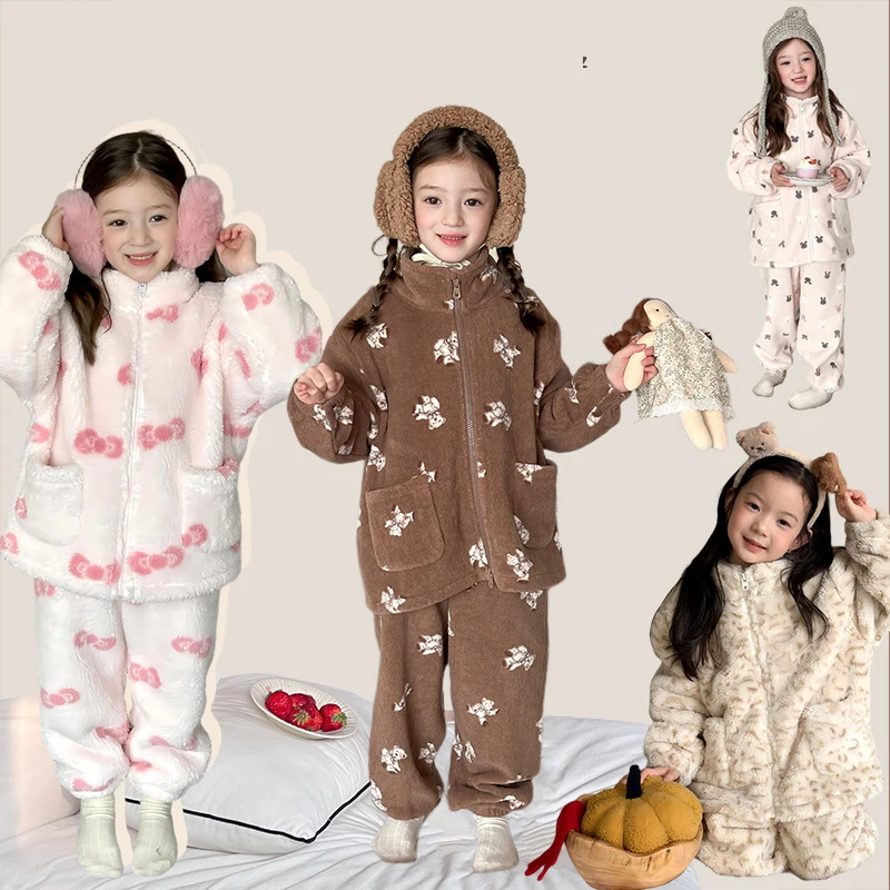 

Toddler Girl Pajamas Two-piece Set Winter Cartoon Printed Thick Warm Kids Baby Girl Fluffy Tops+infant Girl Pant Sleepwear Suit