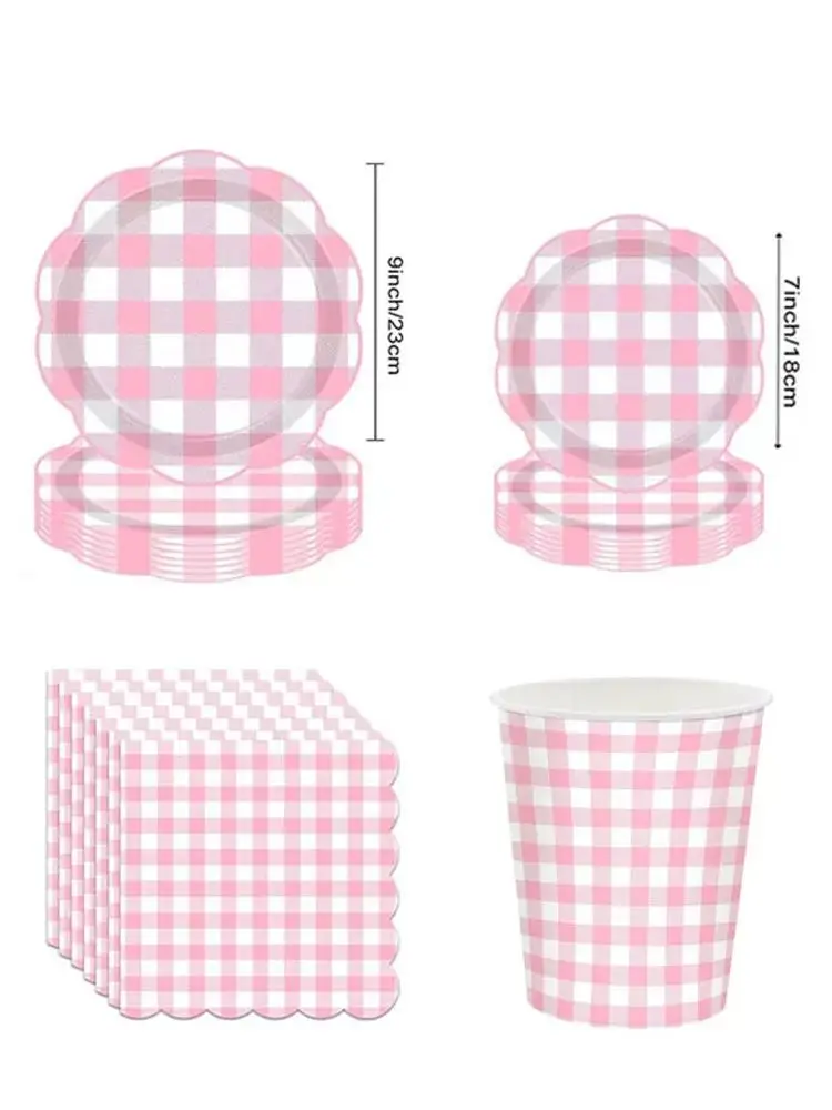 Spitzenrosa Kariertes Einweggeschirr, Pappteller, Becher, Servietten, Tischdecken, Geburtstag Babyparty, Hochzeitsfeier-Zubehör – Detail 1