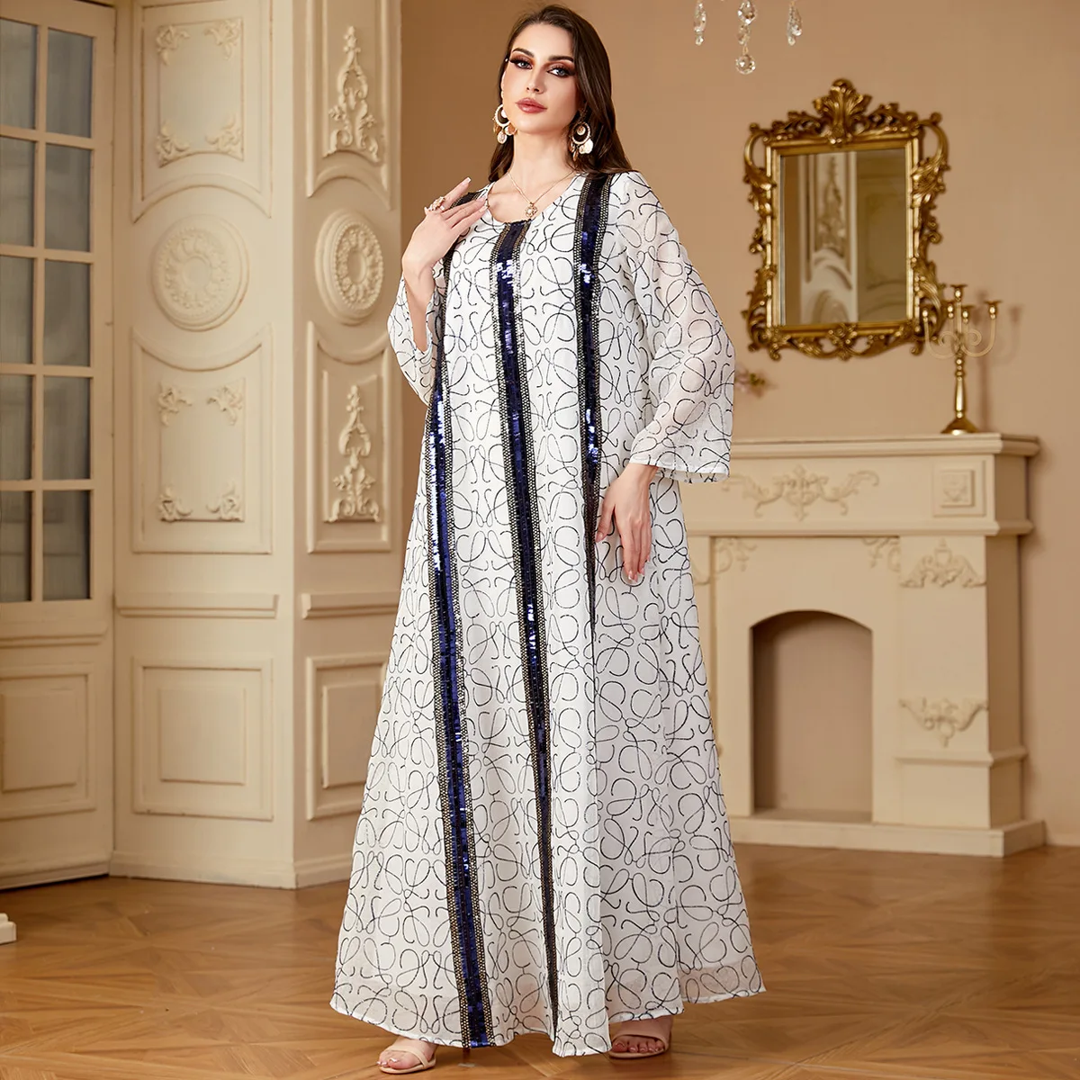 UNI Eid Ramadan Dubai Sequins Stylish Abaya Muslim Elegant Women Evening Dress O-Neck Tassel Kaftan Dresses